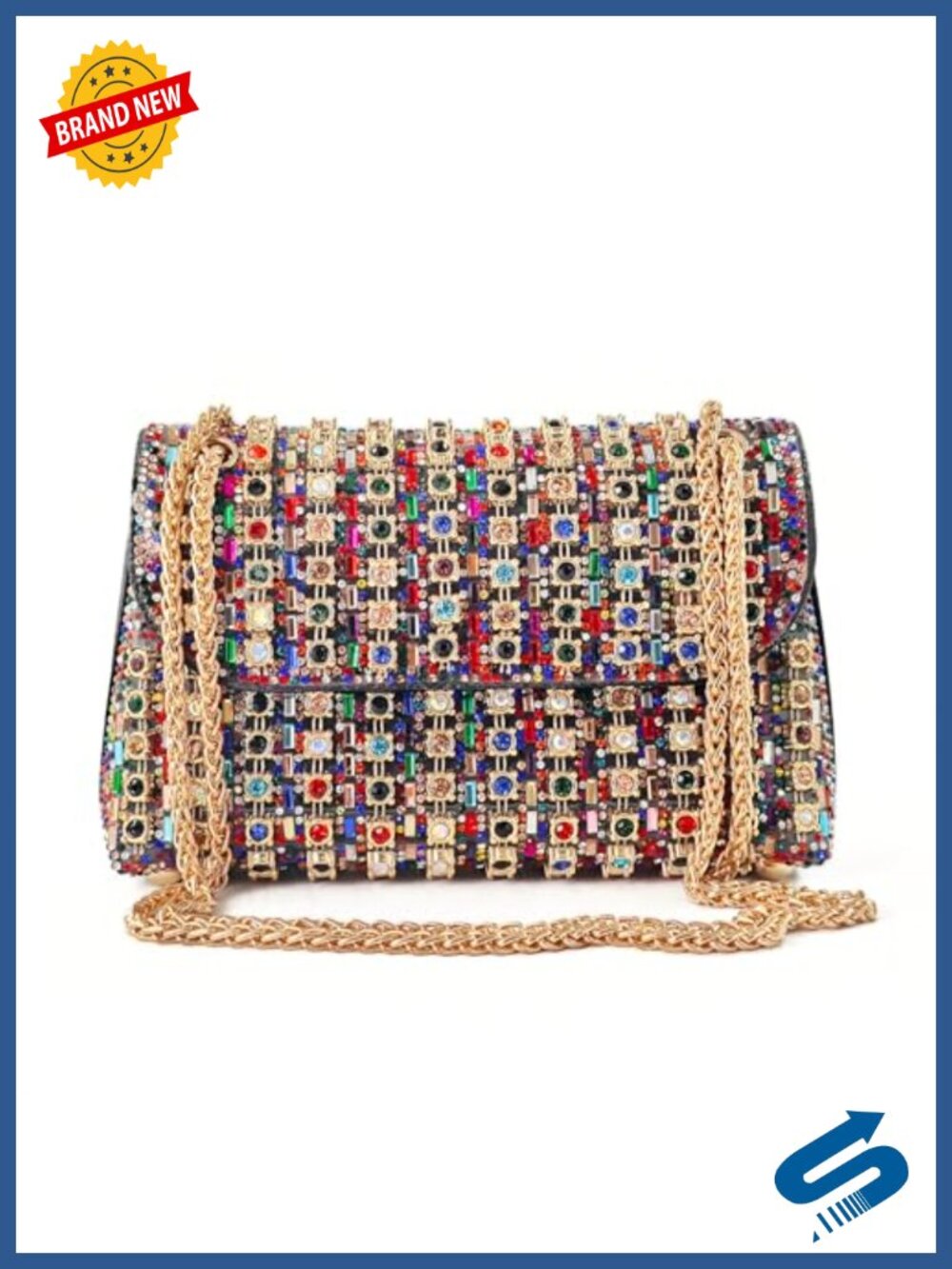 Rhinestone Leather Evening Clutch Crossbody Bag with Strap for Weddings &